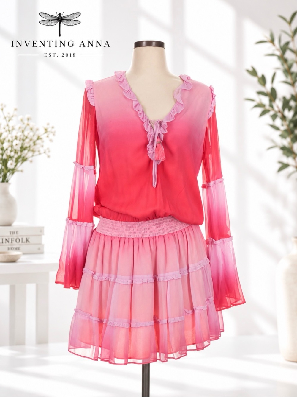 Hale Bob Pink Ombré Flutter Sleeve Elastic Drop Waist Ruffle Dress size M